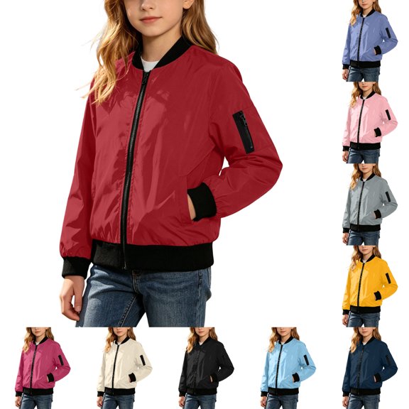 Nskgu Girls Bomber Jackets Kids Baseball Collar Windproof Long Sleeve Zip Outerwear Casual Daily Coats 5-16 Years