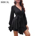 thumbnail image 1 of Robe Femme Col en V Profond Manches Longues Ceinture Nouée Volantée Mini Robe Patineuse - Noir, Noir, TG, 1 of 6