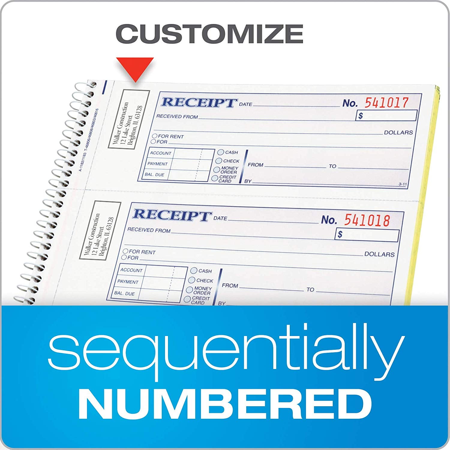 Pack of 12 SC1182 2-Part Carbonless 7-5//8 x 11 4 Receipts per Page AdamsMoney and Rent Receipt Book Spiral Bound 200 Sets per Book