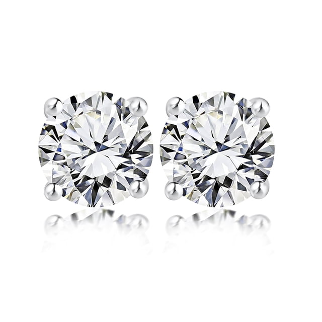 Pendientes de Botón solitario JeenMata de 4 puntas con diamantes redondos de 0,58 quilates Chapado en oro blanco de 18 K sobre plata