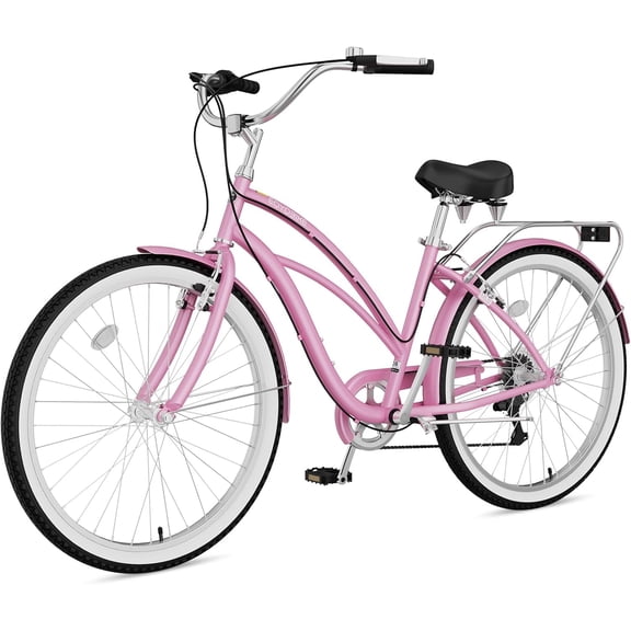 ABORON 24" Beach Cruiser Bike Women, Lightweight Adult Urban Cruiser Bike with Rack, 7-Speed Cruiser Bicycle for Commuting, Carbon Steel Frame Commuter Bicycle