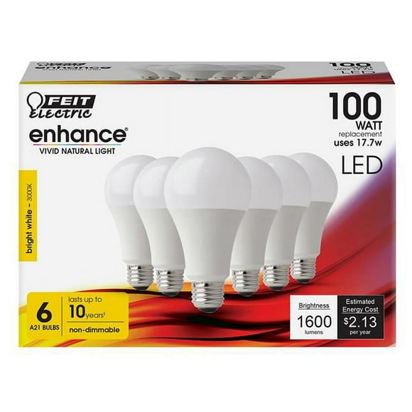 Feit Electric 3929502 100 watt Equivalence 17.7 watt A21 A-Line Enhance 1600 Lumen LED Bulb, Bright White - Pack of 6