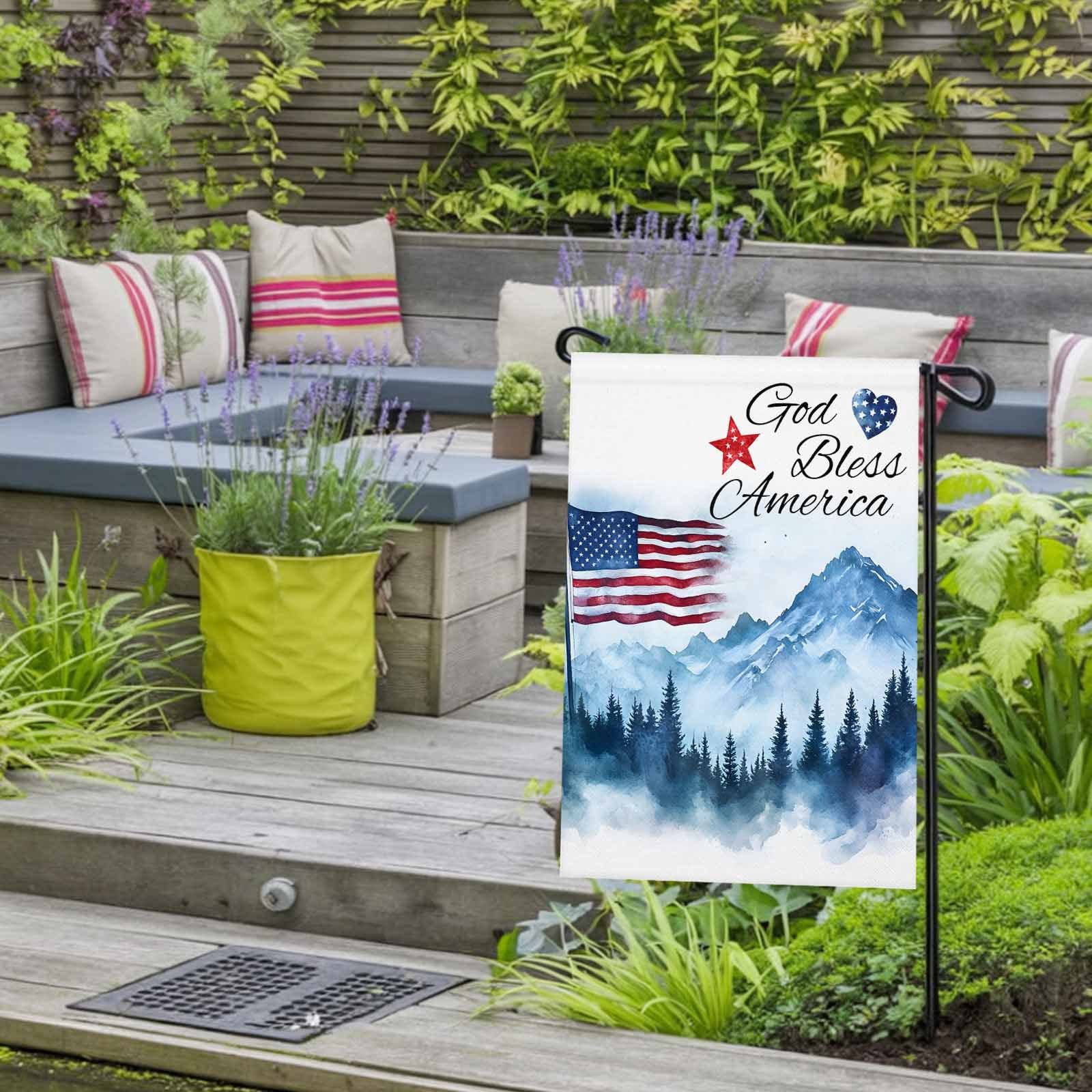 Independence Day Garden Flag 28x40 Inch God Bless American Mountains Double Sided Small Decorative Garden Flags for Outside, Outdoor Yard Porch Lawn Decoration