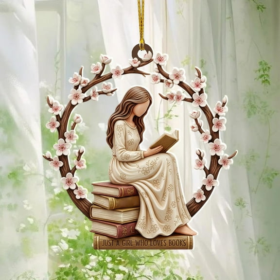 Taicans ‌"Just a Girl Who Loves Books" Cherry Blossom Christmas Ornament - Book Lover Gift,Floral Wreath Tree Decor,Holiday Reading-themed Ornament,Perfect for Bibliophiles & Christmas Tree ‌