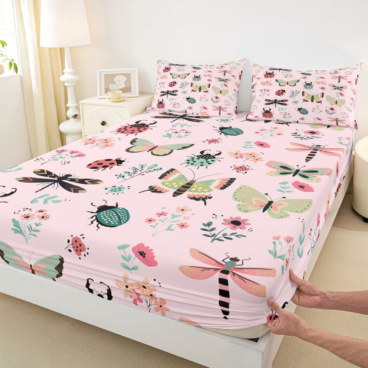 Homewish Cartoon Butterfly Ladybug Queen Sheet Sets, Cute Animal Insect Flat Sheet, Princess Pink Cartoon Queen Fitted Sheet, Super Cozy Room Decor, 4 Pieces