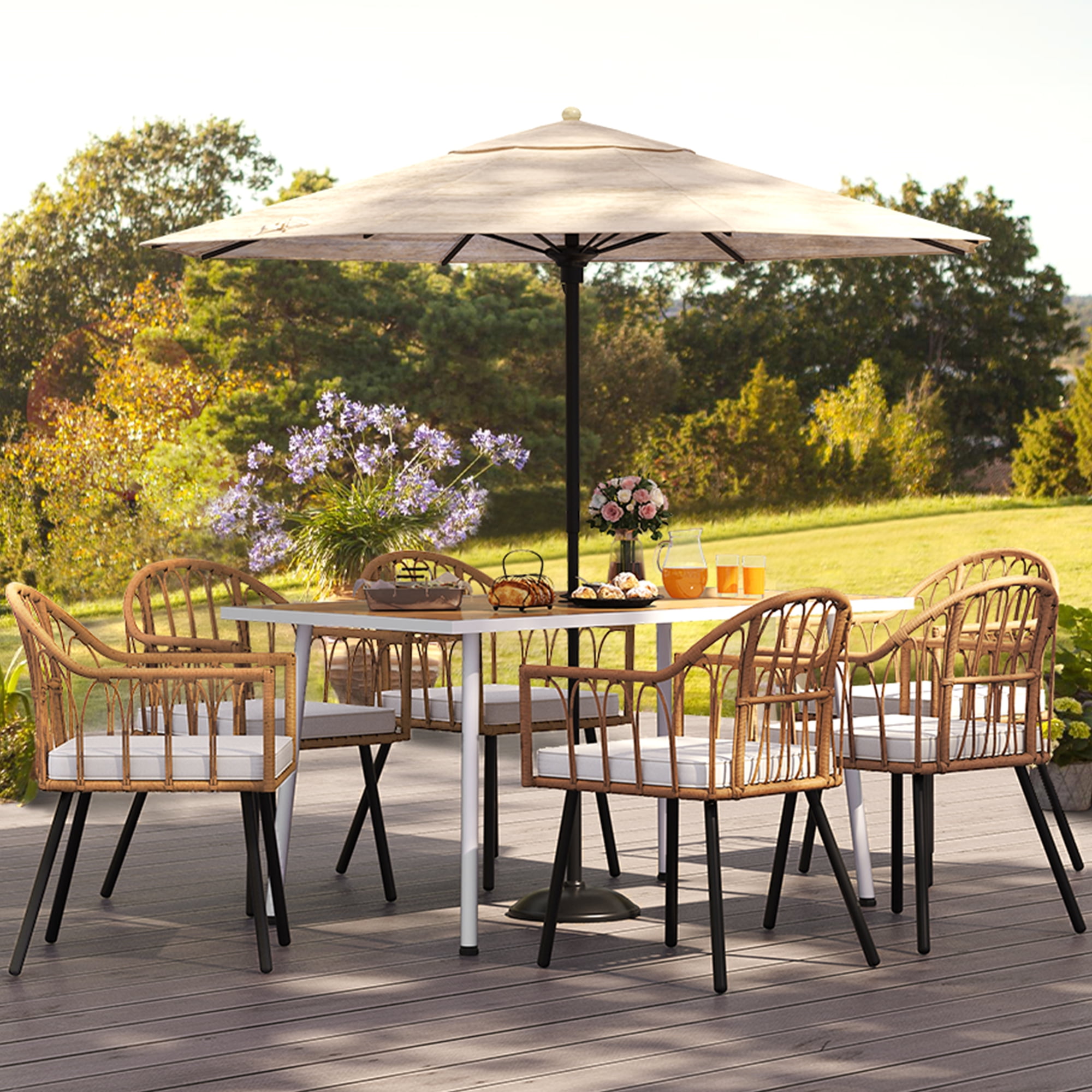 Dextrus 7 Pieces Outdoor Patio Dining Table Set 6 Rattan Wicker