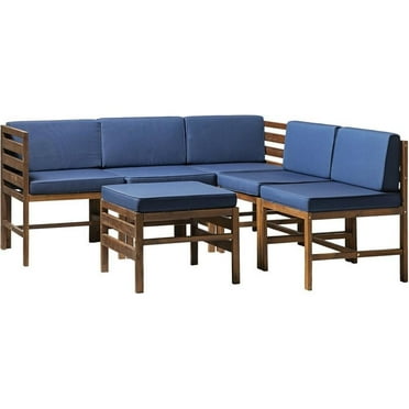 Pemberly Row 6PC Solid Wood Modular Sofa Set in Dark Brown/Navy Blue