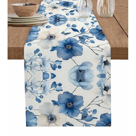 Hokiten Table Runners 48 Inches Long Dress Scarves, Blue Flower Farmhouse Kitchen/Dining Table Runner, Short Coffee Tablerunners, Botanical Country Nature Aesthetics Floral 13x48 Inch