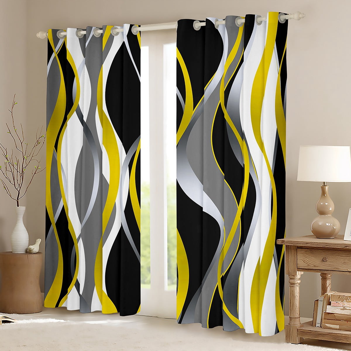 Manfei Minimalist Abstract Blackout Curtains Set of 2 (52x84 Each), Aesthetic Striped Window Curtains, Gray White Black Yellow Curtains and Drapes, Microfiber Bedroom Decor