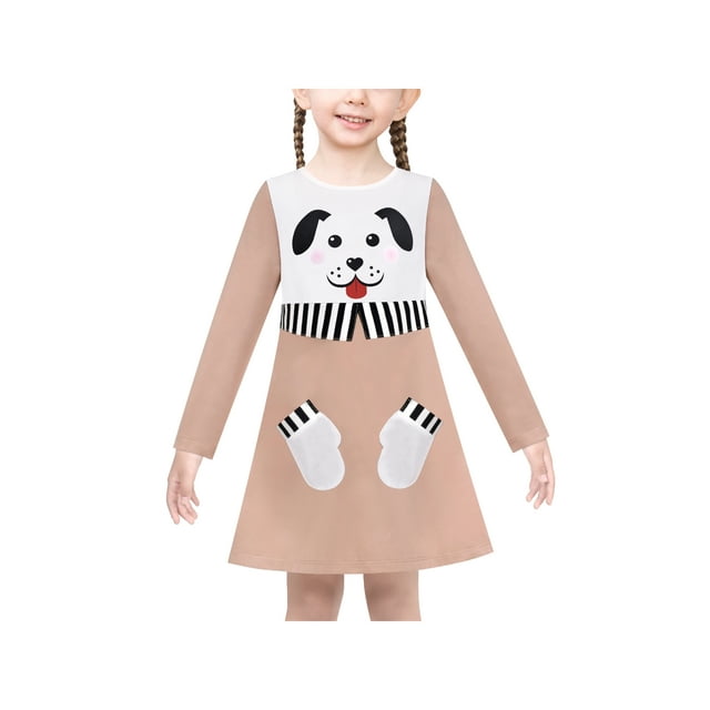 Robe Fille Beige Cartoon Dog Poche Manches Longues Coton Décontracté 6 Ans