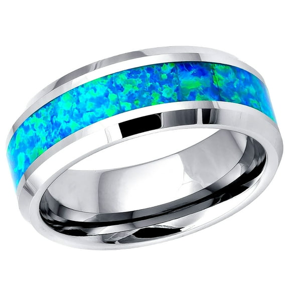 Men's Women's Tungsten Wedding Band Engagement Ring 8mm Synthetic Blue Opal Inlay Ring, SZ 15