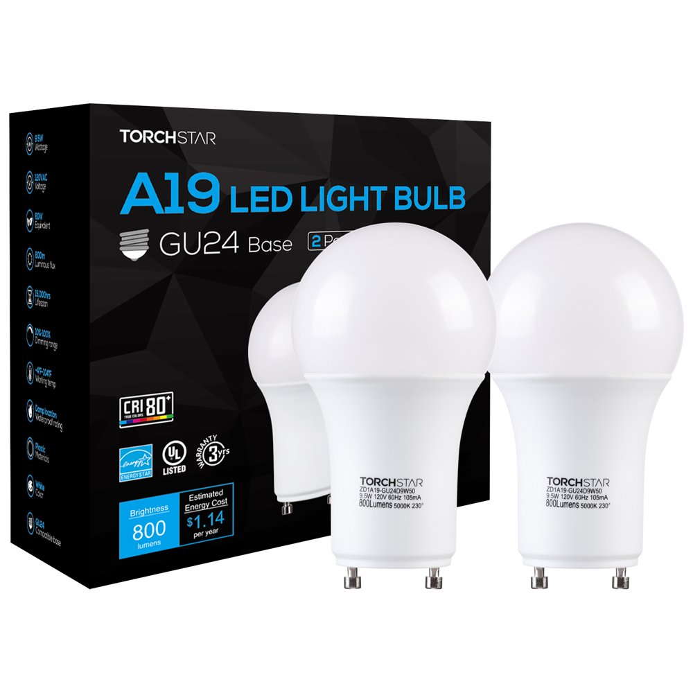 TORCHSTAR Dimmable LED GU24 Base A19 Light Bulbs for Ceiling Lights