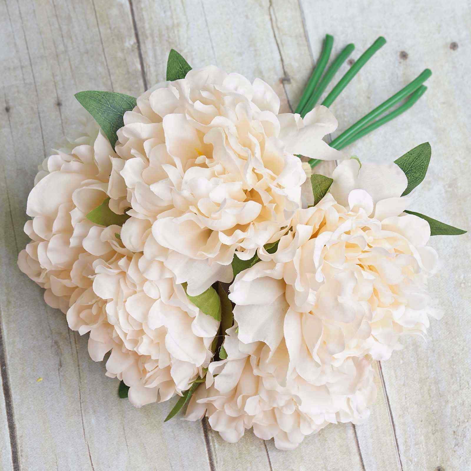 5 Heads 11" Tall Artificial Bush Peony Bouquet Blush Cream