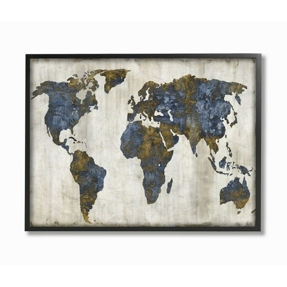 Stupell Industries Gold Blue World Map Design Graphic Art Gallery-Wrapped Canvas Print Wall Art, 36x48, by Russell Brennan
