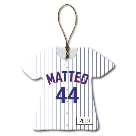 Personalized Baseball Jersey Christmas Tree Ornament, Blue/Red Pinstripes
