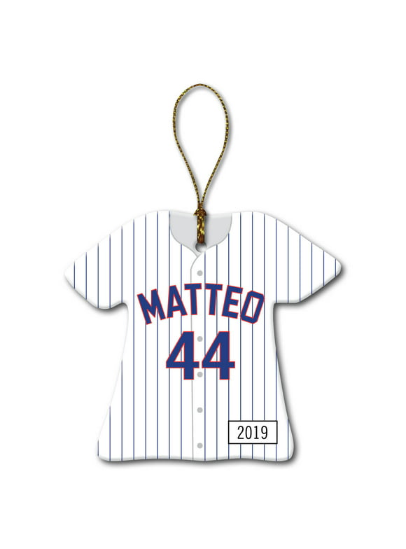 Personalized Baseball Jersey Christmas Tree Ornament, Blue/Red Pinstripes