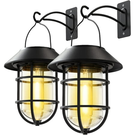 

Solar Lantern Outdoor Hanging Solar Lights Waterproof Metal Solar Outdoor Lights with Clear Glass LED Edison Bulbs Decorative Wall Lantern with Hooks No Wiring Required 2 Pack