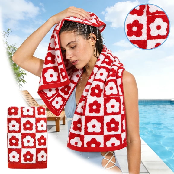 Floral Checkered Bath Towels, Cotton Hand Towels for Bathroom, Retro Pattern, Soft Absorbent, for Bath Spa Gym Kitchen (Red, A)