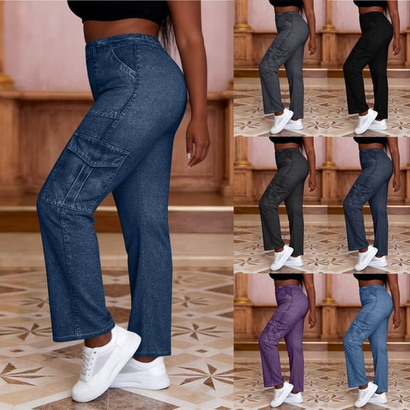 Miluxas Women's Strechy High Waisted Cropped Jeans Faux Denim Casual Cargo Trousers with Pockets Purple