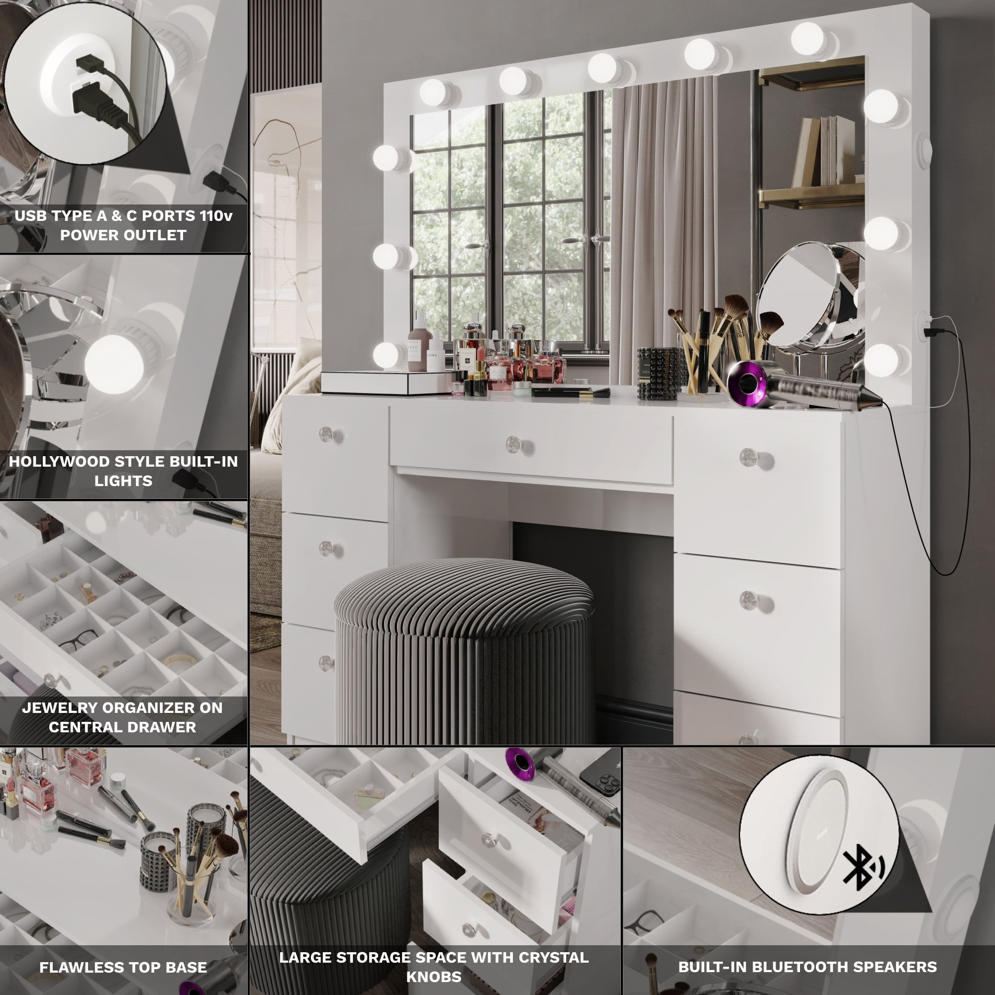 Ember Interiors Tammy White Vanity Desk with Mirror