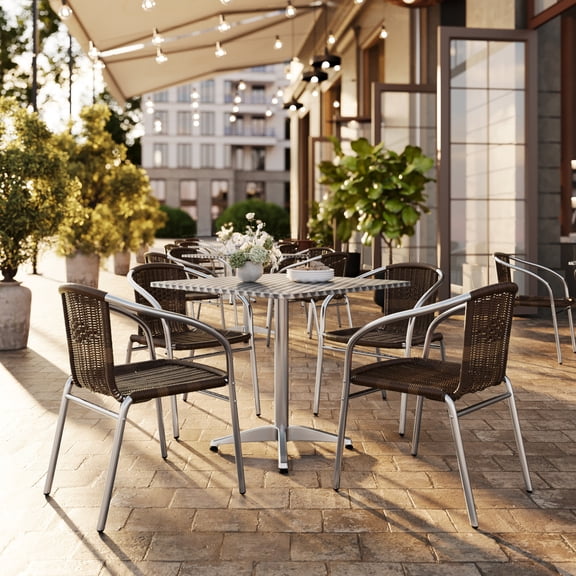 BizChair 31.5'' Square Aluminum Indoor-Outdoor Table Set with 4 Dark Brown Rattan Chairs