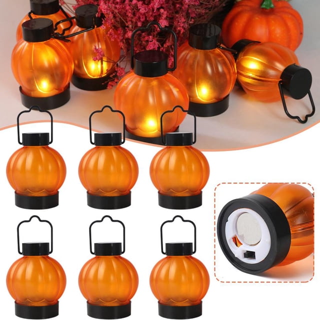 6PCS Pumpkin Lantern with Hanging Handle and Stable Base Halloween Decoration Light for Bars Celebration Banquets