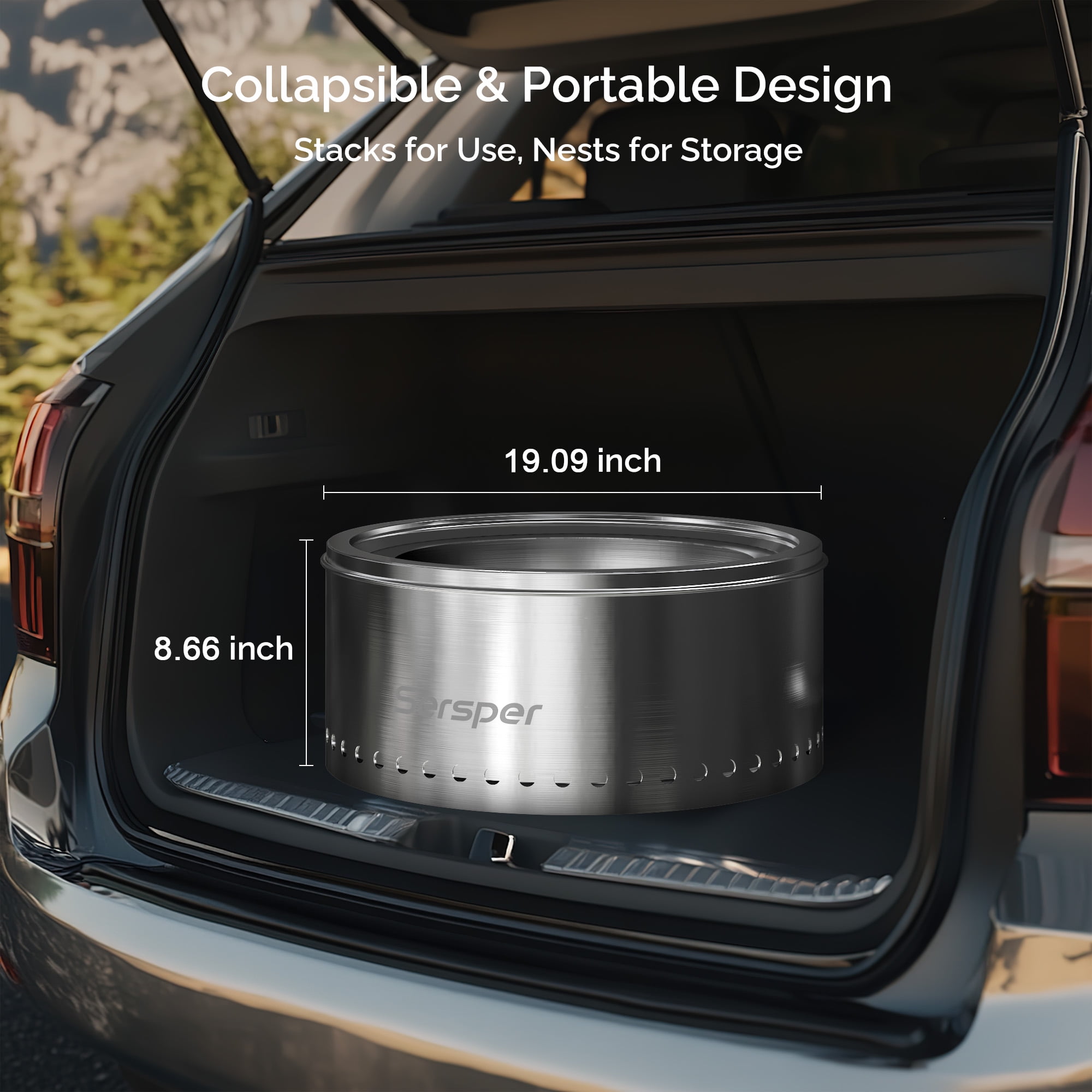 Waykar 19 inch Smokeless Fire Pit for Outside, Portable Collapsible Stainless Steel Firepit with Poker and Carry Bag for Backyard, Patio, Garden, Picnic, Bonfire
