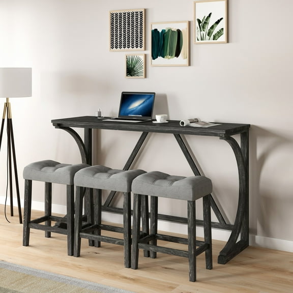 Industrial Bar Table Set with Built-In Power Outlet, Space-Saving Foldable Bar Stools, 4-Piece Dining Furniture for Living Room, Game Room, and Home Entertainment Areas