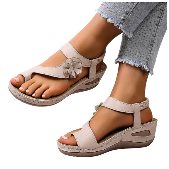 Rokment Flower Orthopedic Wedges Flip Flops for Women Boho Beach Comfortable Arch Support Ortho Platform Walking Sandals Casual Chunky High Heels Slingback Dressy Summer Shoes Beige Size 6.5
