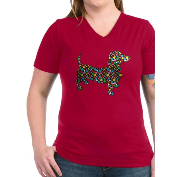 CafePress - Dachshund Polka Dots Women's V Neck Dark T Shirt - Women's V-Neck Dark T-Shirt