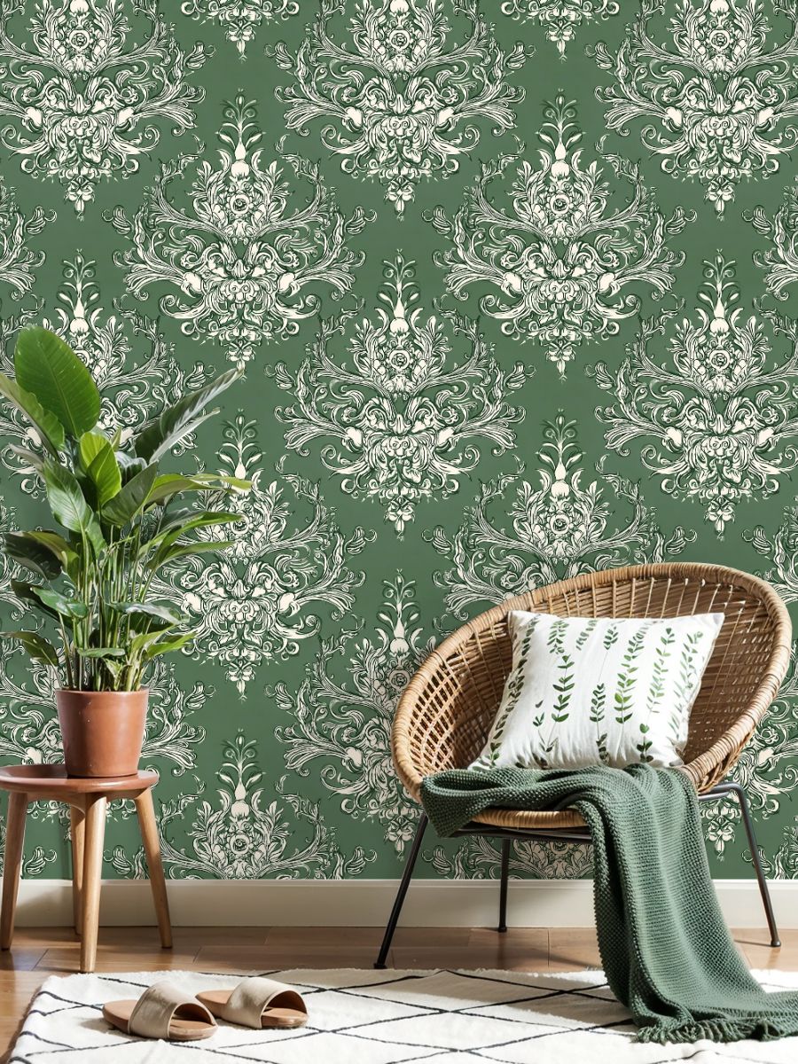 Vintage Peel and Stick Wallpaper 17.7in x 9.8ft Elegant White Floral Damask Green Contact Paper Vinyl Waterproof Self Adhesive Wall Paper for Bedroom Shelf Cabinet Renter Friendly