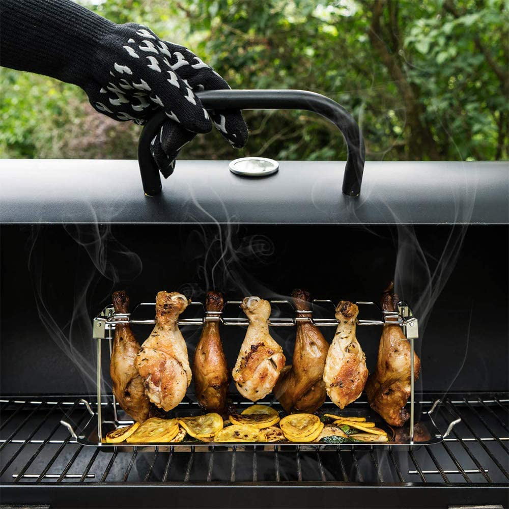 New Chicken Wing Leg Rack Oven Stainless Steel Vertical Roaster Stand Drip Pan 