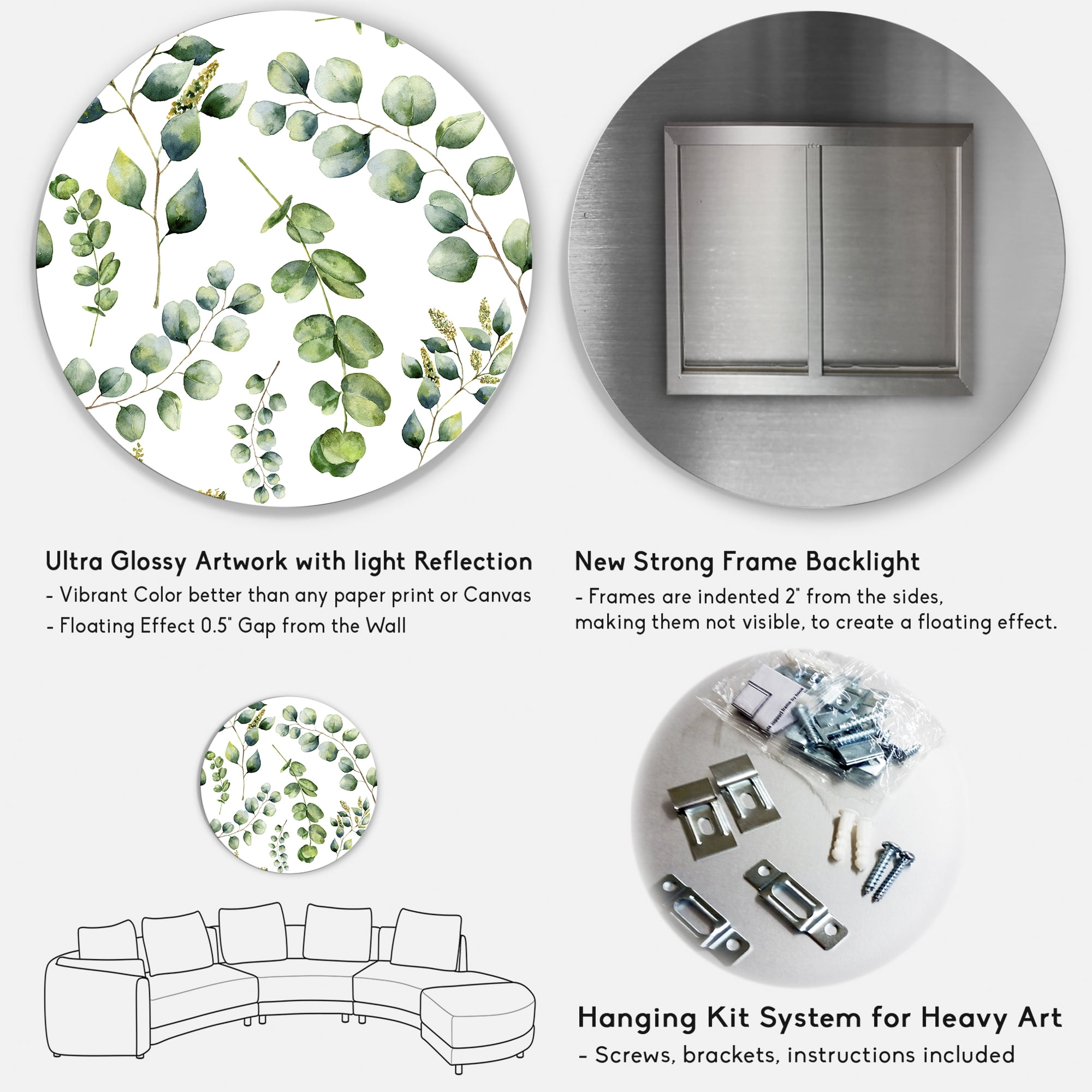 Designart 'Green Eucalyptus Plant Branches III' Traditional Circle Metal Wall Art 11x11 - Disc of 11