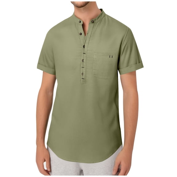 CHEEREAM Men's Linen Roll Up Short Sleeve Shirt Cotton Casual Beach Shirts Henley T-Shirt Band Collar Vacation Tops with Pocket Army Green L