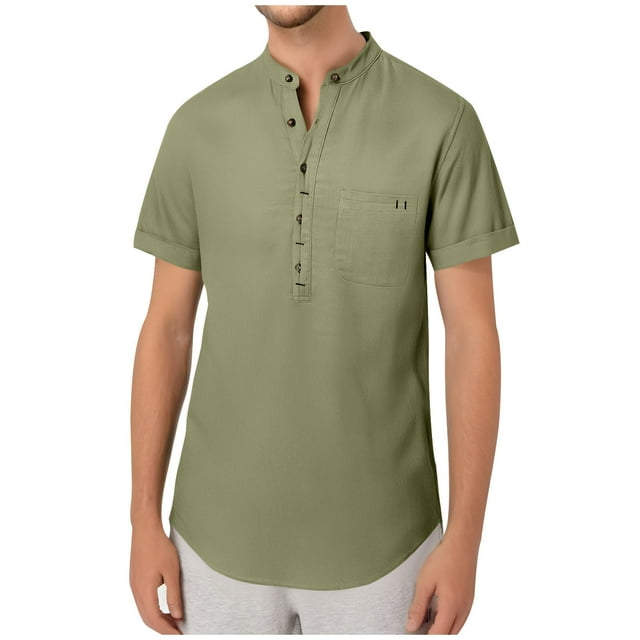 Chbgutlmr Cotton Linen Mens Shirts Lightweight Summer Notched V Neck Button Short Sleeve Curved Hem Tops