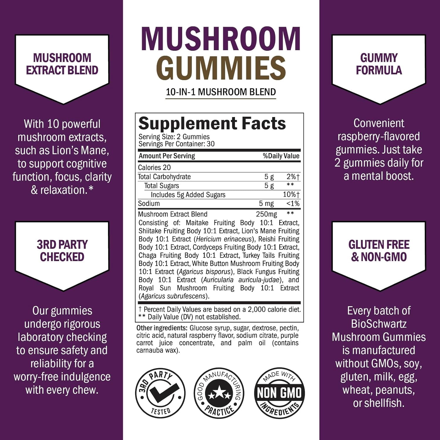 BioSchwartz 10-in-1 Mushroom Gummies, Herbal Supplement for Mood and Focus, Raspberry, 60 Count
