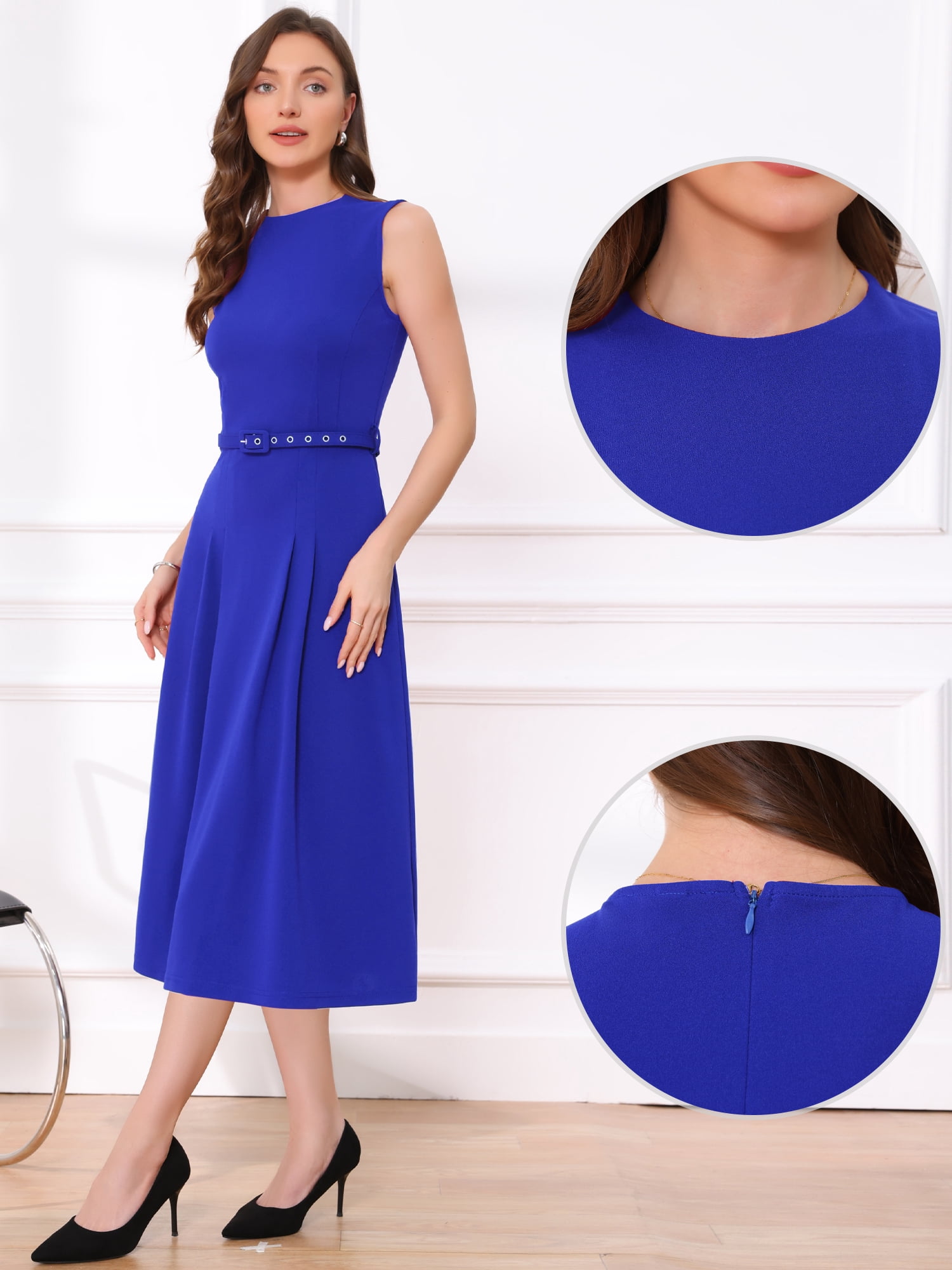DARING DIVA Women's Sleeveless Crew Neck High Waist A-Line Dress M Royalblue