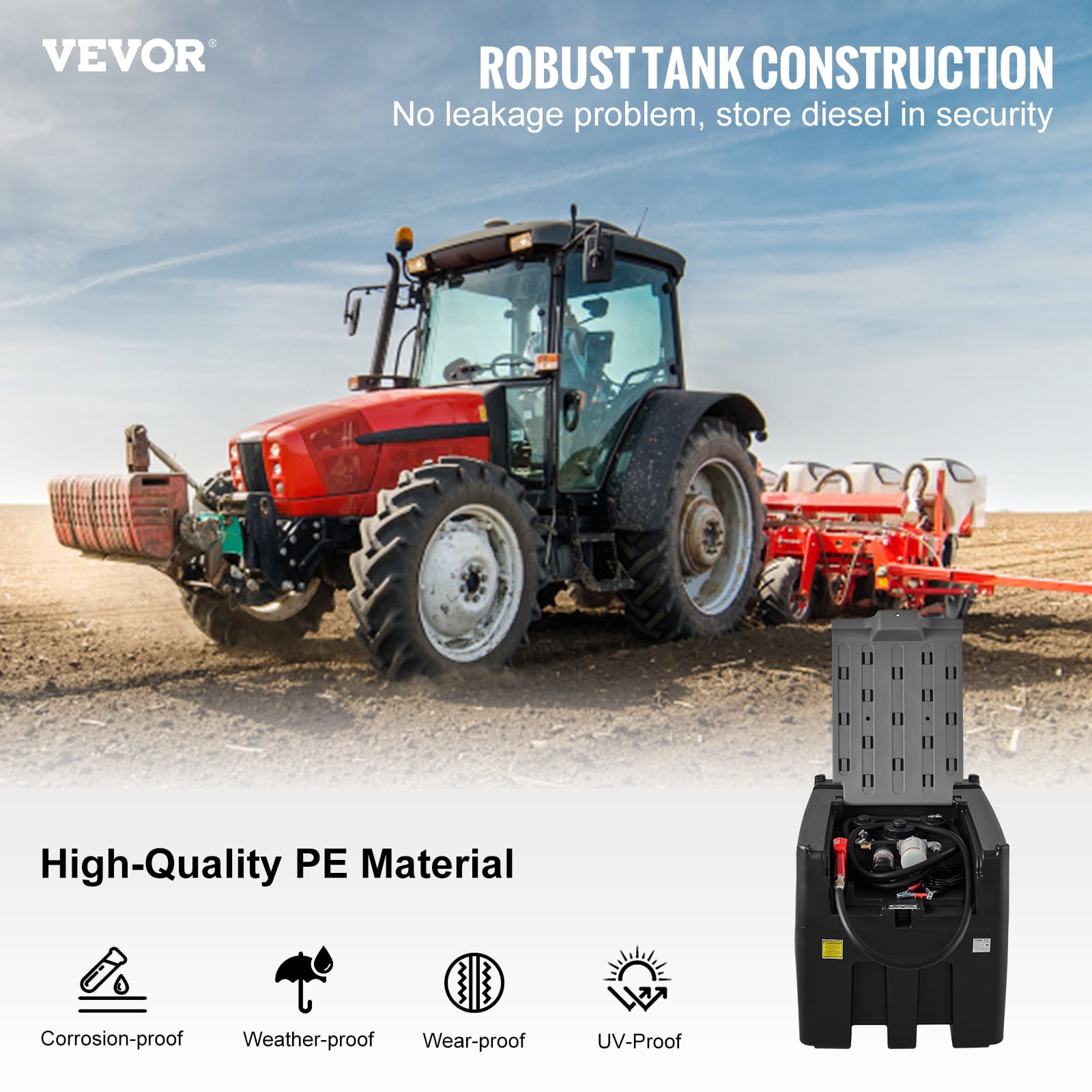 VEVOR Portable Diesel Tank, 116 Gallon Capacity & 10 GPM Flow Rate, Diesel Fuel Tank with 12V Electric Transfer Pump and 13.1ft Rubber Hose, PE Diesel Transfer Tank for Easy Fuel Transportation,Black
