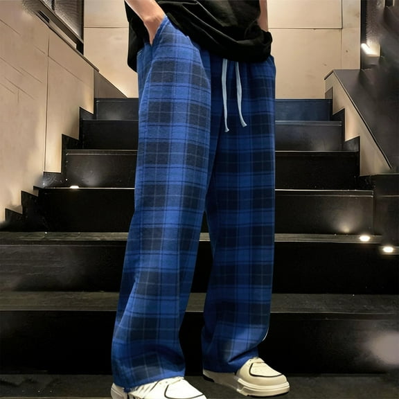 LONKITO Mens Pants Elastic Waist Casual Home Plaid Pants with Pockets Drawstring Straigh Leg Trousers