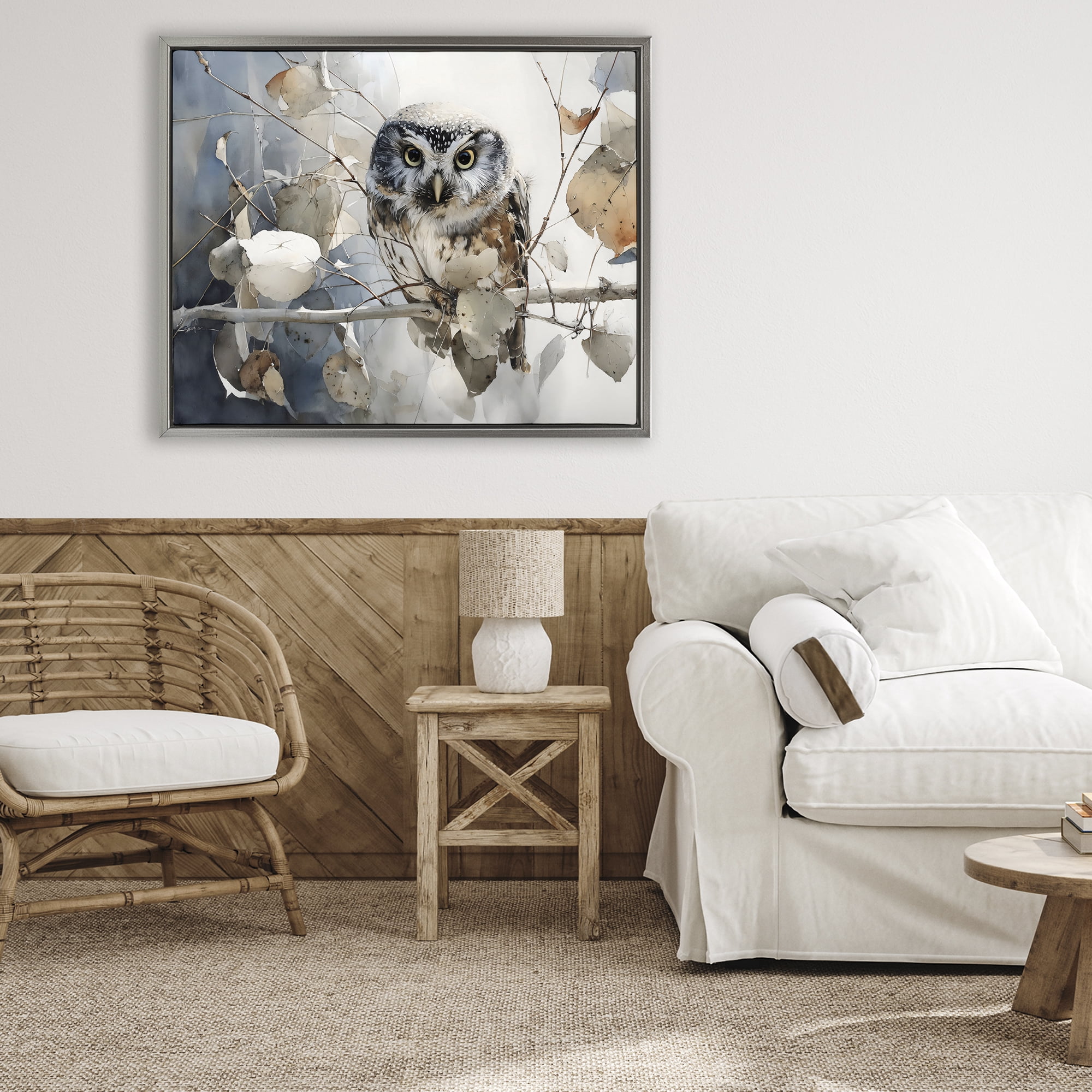Stupell Industries Hoot Owl on Autumn Branch Gray Framed Floater Canvas Wall Art, design by Franklyn Gregory