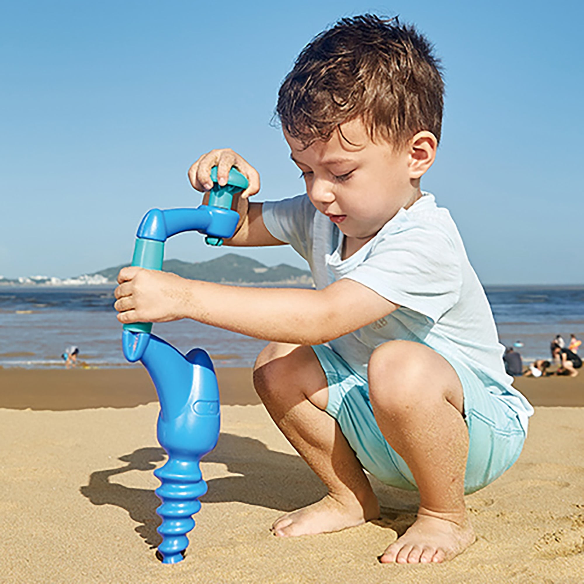 Hape: Driller - Blue - Sand & Beach Toy, Outdoor Construction Pretend Play, Drill & Bore Holes Into Sand & Dirt, Crank Turn, Kids & Toddler Ages 2+