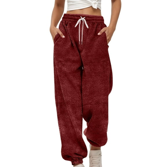 Bibifish Womens Pants High Waist Cozy Flannel Joggers Pants Casual Drawstring Elastic Oversized Fit Workout And Loungewear Trousers
