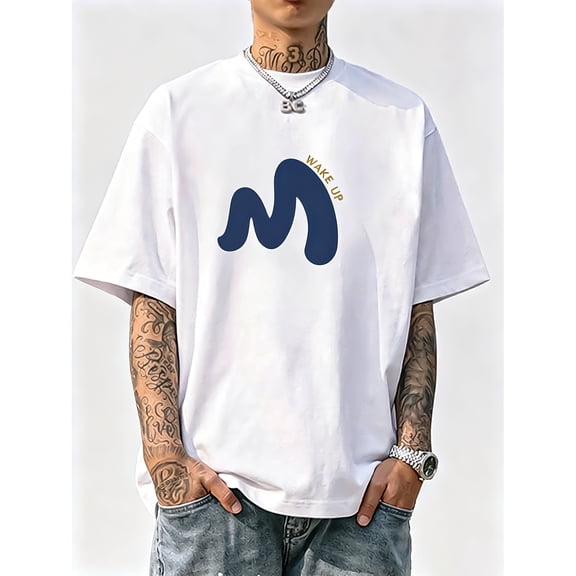 Men's White Oversized M Graphic T-Shirt, Crew Neck Casual Top