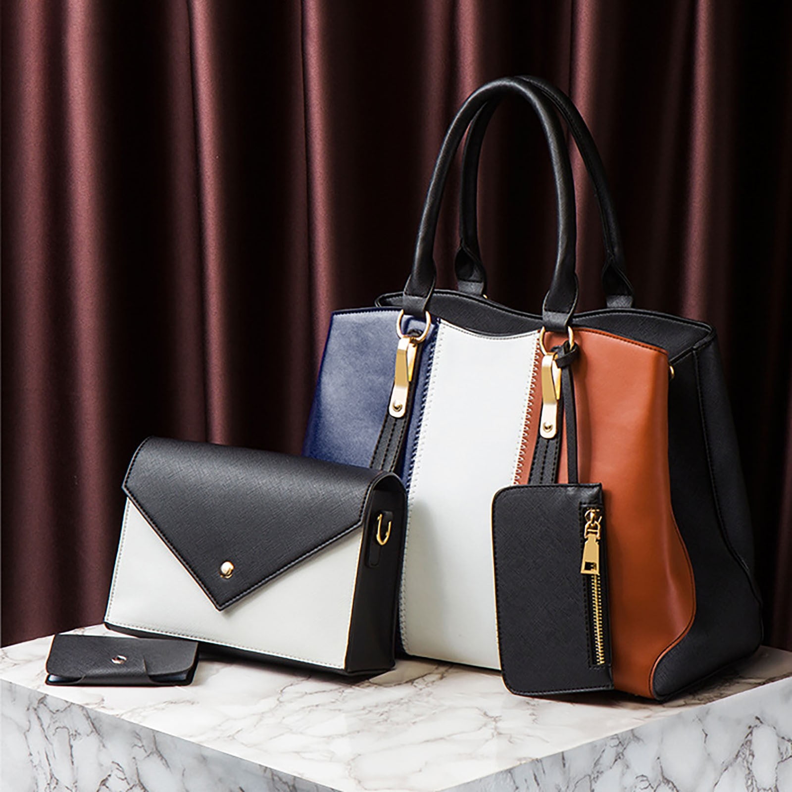 ZTTD Women's Tote Bags Fashion Lady Leather Four Piece Shoulder Crossbody Bag Clutch Wallet Retro Bag Women's Bag
