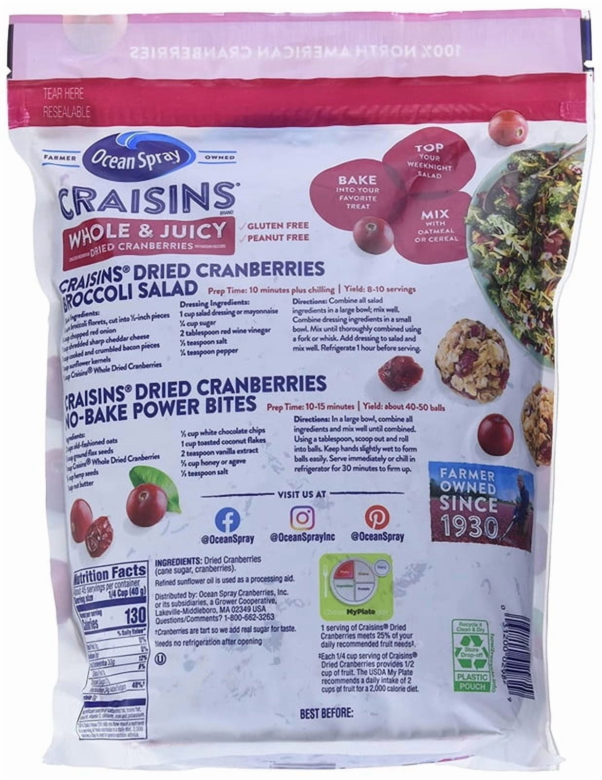 Ocean Spray Craisins Whole Dried Cranberries, 64 oz each bag. Pack of 2 bags.
