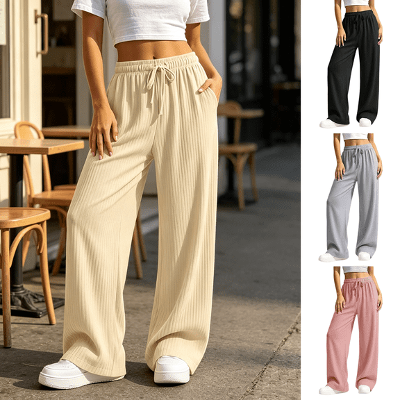 Women's Straight Leg Pants, Elastic Waist Pull On Casual Pants with Stretch Comfort, Office Travel Daily Wear Weekend Relaxed Fit | VerBelle,Beige L