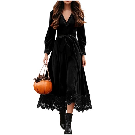 Ygbgbb Women's Long Sleeve VβNeck Midi Dress, Lace Trim Bow Waist Medieval Gothic Dress for Halloween Cosplay Themed Parties Black S