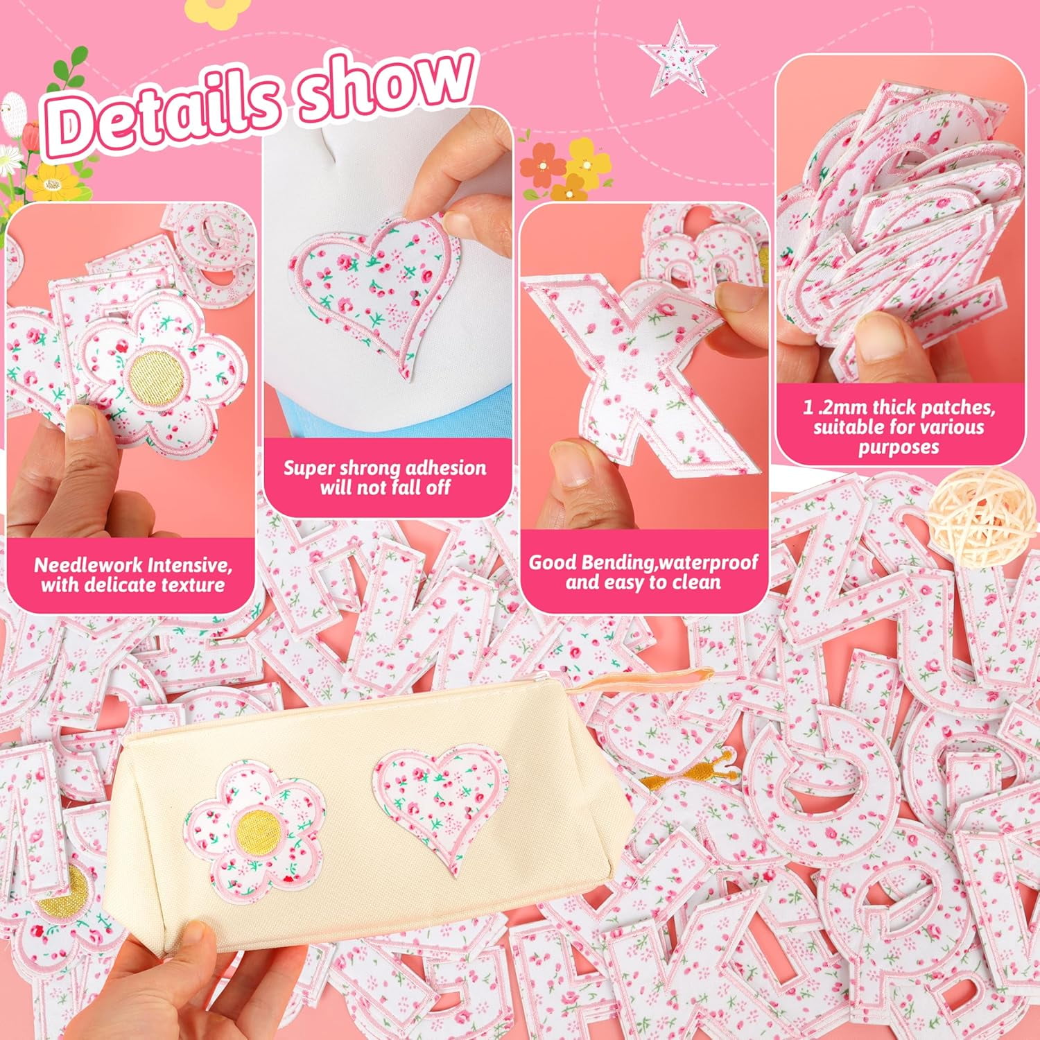 Letter Patches Self-Adhesive for Girls Clothing: Pink 60Pcs Flowers Butterfly Letters Patch Stickers - Cute Fabric A-Z Alphabet Applique Patches Stick on Jackets Hats Bags DIY Crafts
