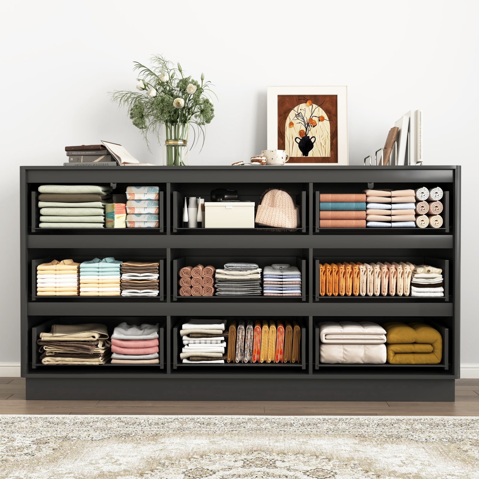 Hommoo Modern 9-Drawer Wood Dresser, Fluted Chest of Drawers, Multifunctional Storage Cabinet Credenza Side Table, Black