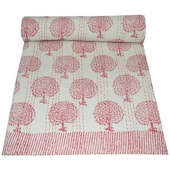 Vintage Hand Block Print Queen Kantha Quilt Indian Quilt Cotton Kantha Throw Kantha Blanket Handmade Quilt Bedspread
